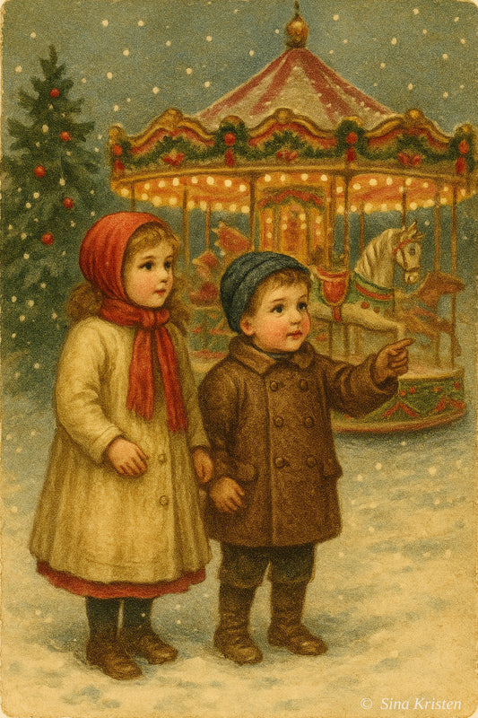 Nostalgische Weihnachtskarten – 4er-Set zum Selbstausdrucken | Kinder, Schneemann & St. Nikolaus – Illustrationen von Sina Kristen