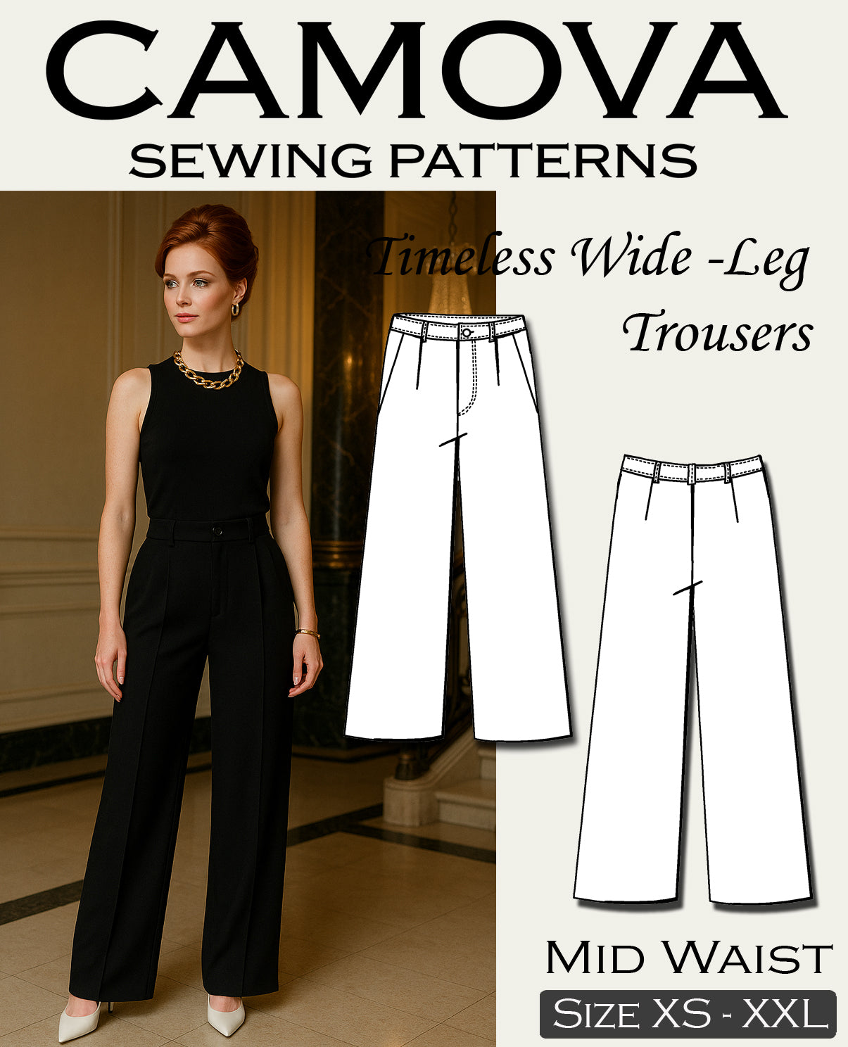 Women's Pants Sewing Pattern PDF | Wide Leg Pants | Mid Waist | A4 & A0 | XS–XXL