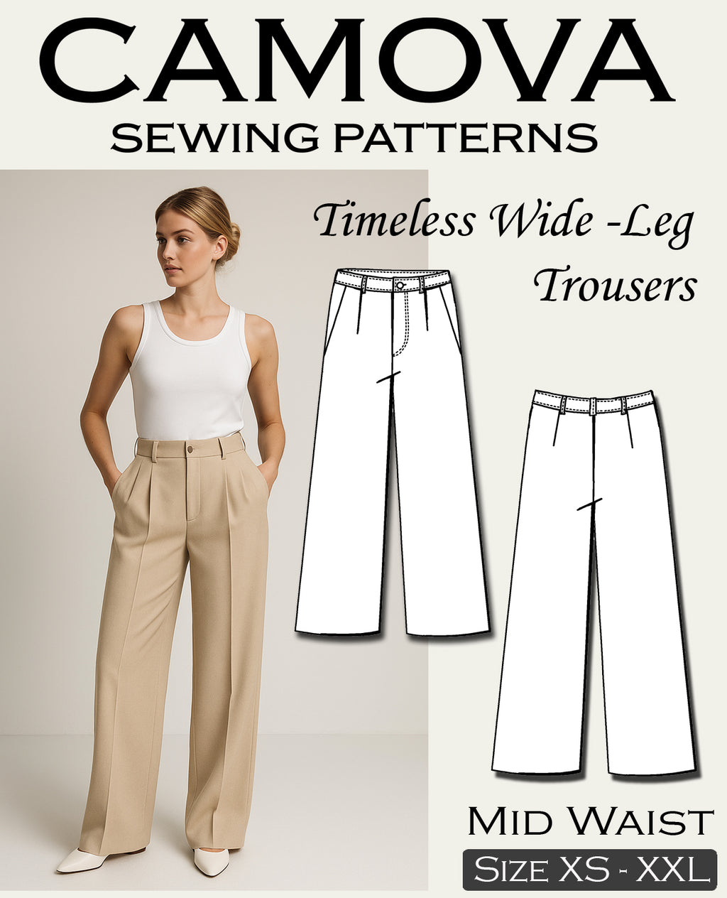 Women's Pants Sewing Pattern PDF | Wide Leg Pants | Mid Waist | A4 & A0 | XS–XXL