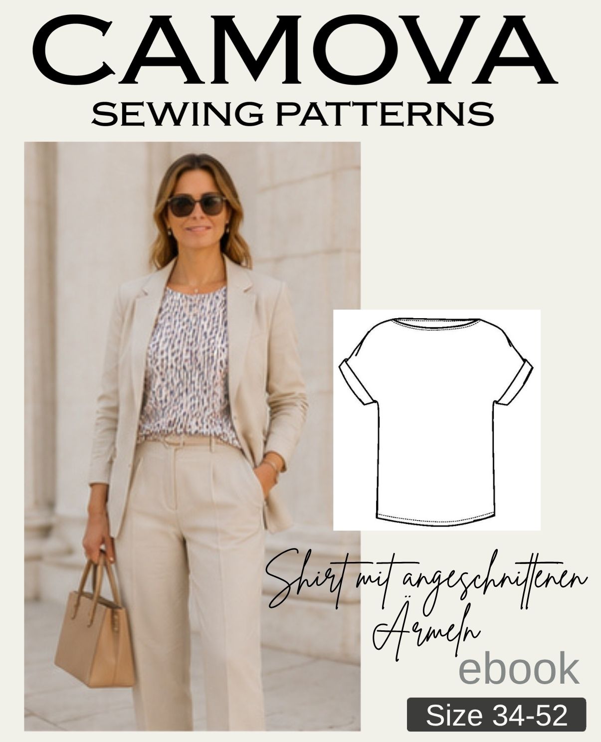 Shirt mit angeschnittenen Ärmeln Schnittmuster PDF | Damen-Shirt nähen | Größen 34–52 | E-Book Nähanleitung