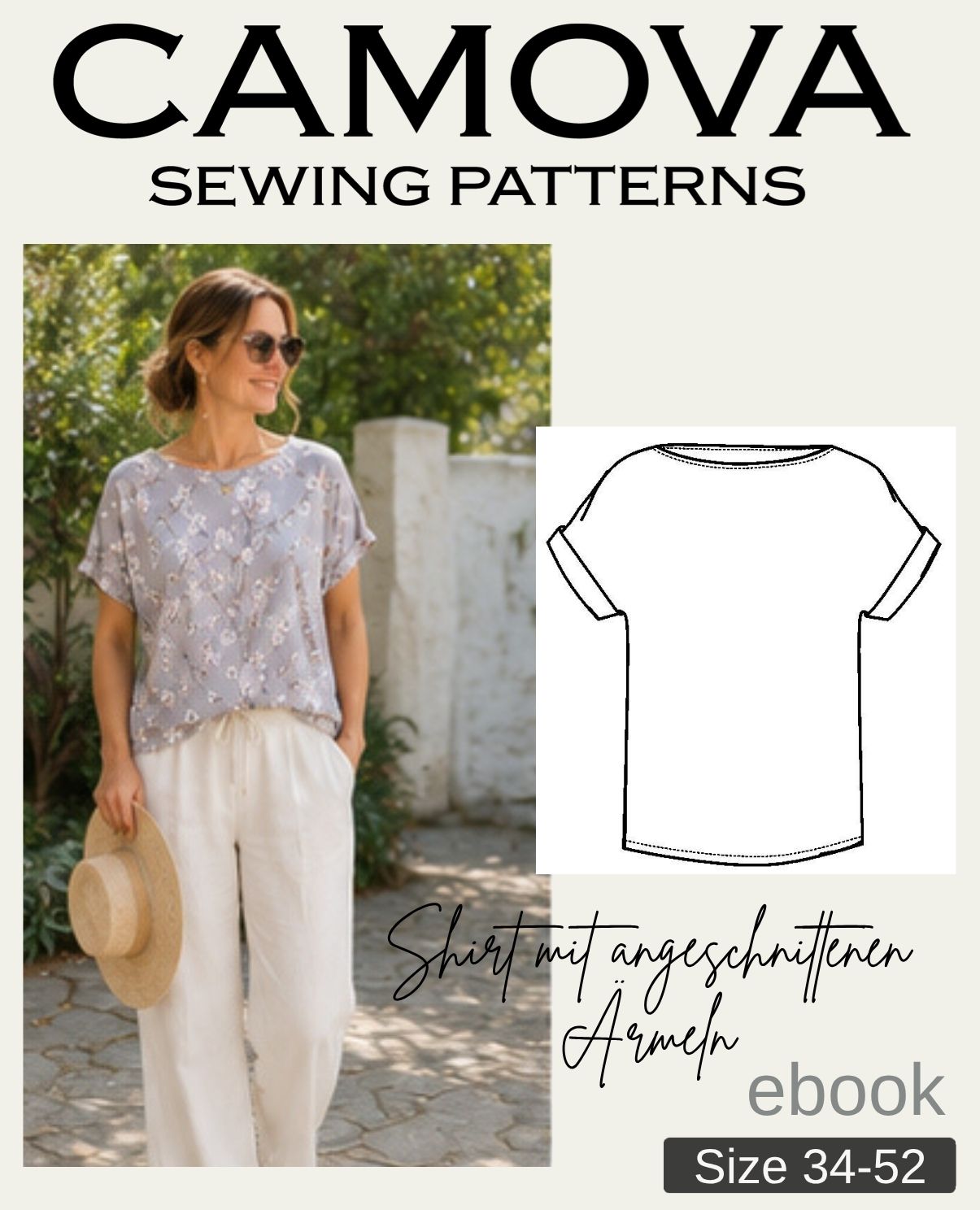 Shirt mit angeschnittenen Ärmeln Schnittmuster PDF | Damen-Shirt nähen | Größen 34–52 | E-Book Nähanleitung