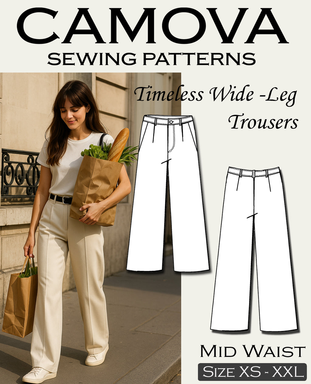 Women's Pants Sewing Pattern PDF | Wide Leg Pants | Mid Waist | A4 & A0 | XS–XXL