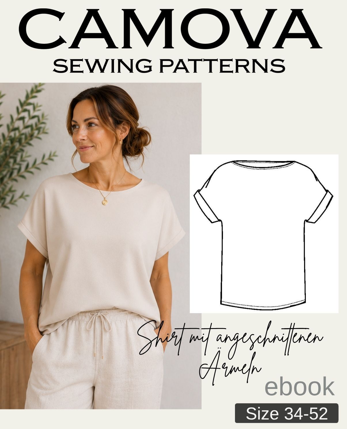 Shirt mit angeschnittenen Ärmeln Schnittmuster PDF | Damen-Shirt nähen | Größen 34–52 | E-Book Nähanleitung