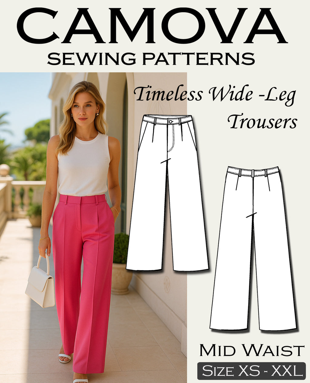 Women's Pants Sewing Pattern PDF | Wide Leg Pants | Mid Waist | A4 & A0 | XS–XXL