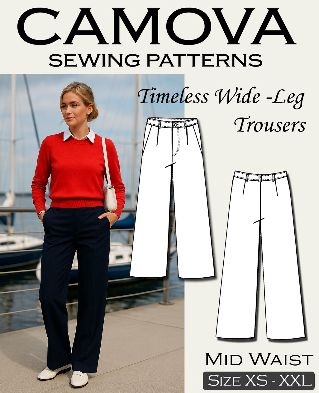 Women's Pants Sewing Pattern PDF | Wide Leg Pants | Mid Waist | A4 & A0 | XS–XXL