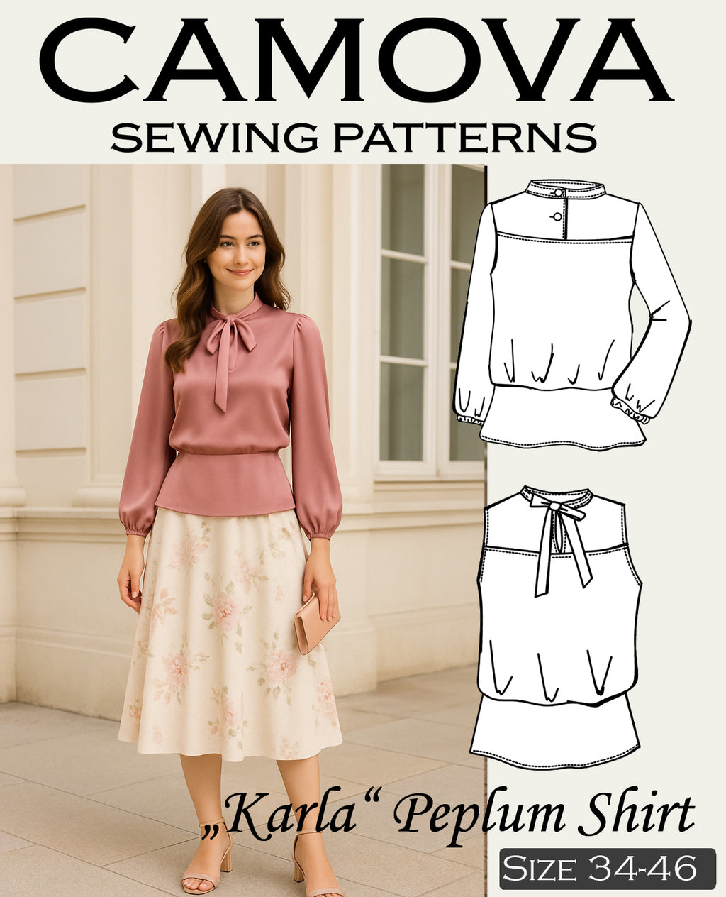 Sewing Pattern Karla – Women's Peplum Shirt / Blouse with 2 Collar Options | Sizes 34–46 | PDF A4 & A0