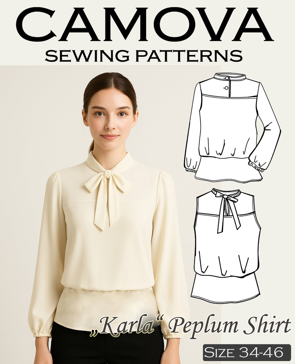 Sewing Pattern Karla – Women's Peplum Shirt / Blouse with 2 Collar Options | Sizes 34–46 | PDF A4 & A0