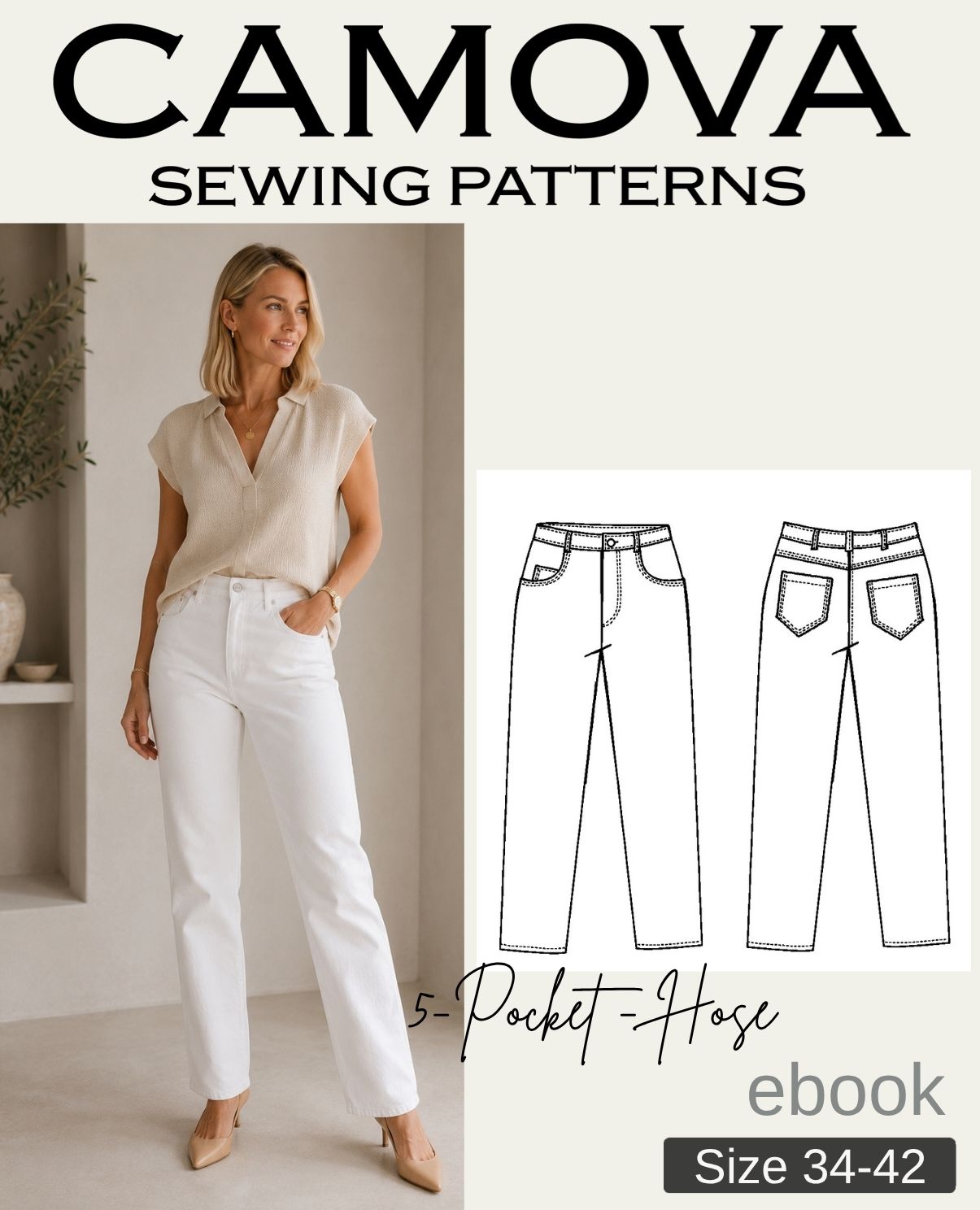 5-Pocket-Hose Schnittmuster (PDF) | Größen 34–42 | Klassische Damenhose mit geradem Bein