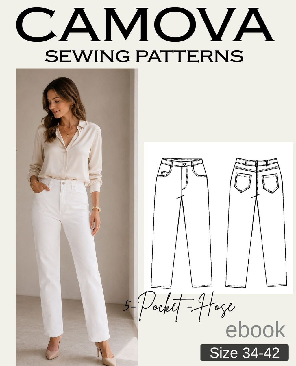 5-Pocket-Hose Schnittmuster (PDF) | Größen 34–42 | Klassische Damenhose mit geradem Bein