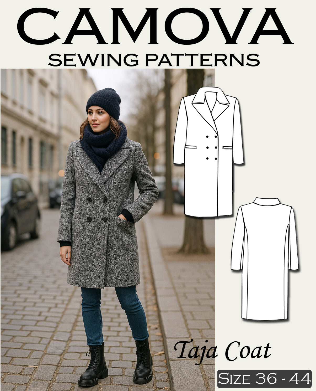 Schnittmuster Mantel „Taja“ – PDF A4 & A0 | Damenmantel nähen mit Anleitung (Größe 36–44)