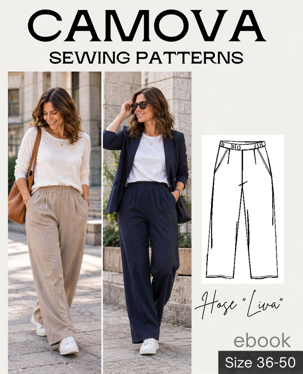 LIVA – Women's trousers with pockets & elastic waistband | PDF sewing pattern sizes 36–50
