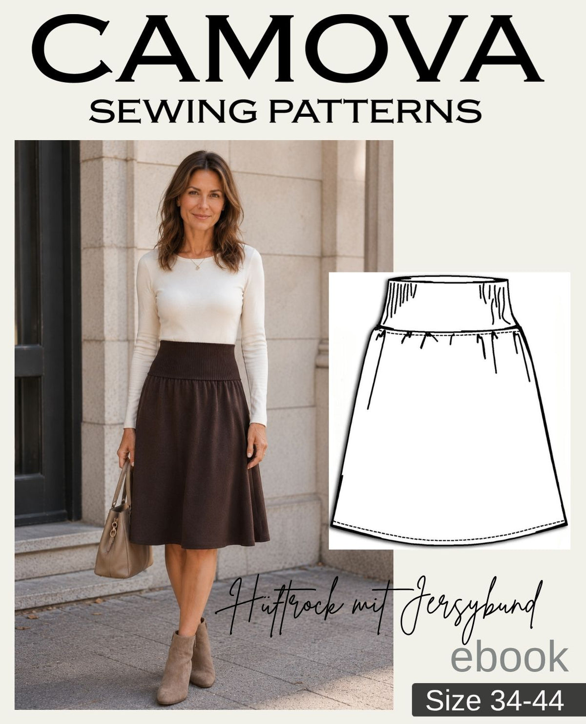 Pattern Skirt with Wide Ribbed Waistband | Sizes 34–44 | PDF