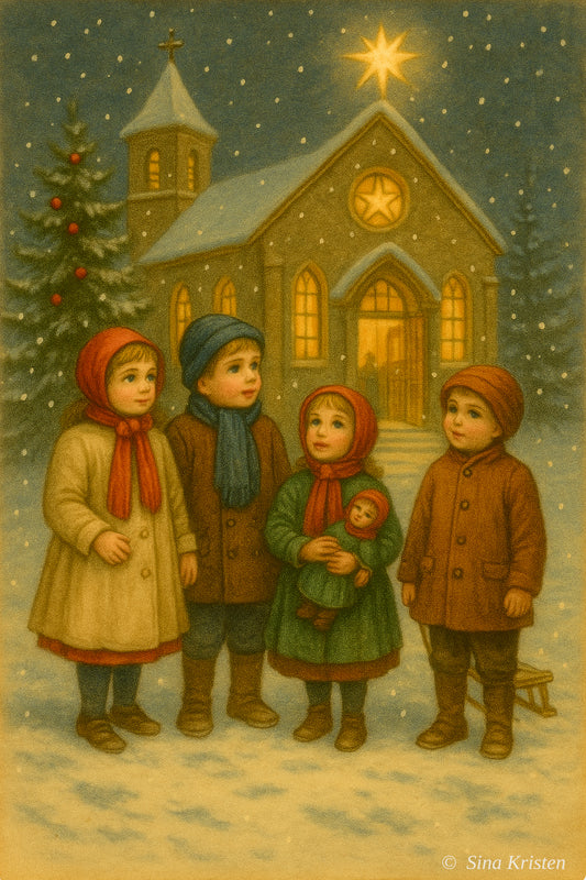 Nostalgische Weihnachts-Postkarten – 6er Set | Winterkinder, Laterne, Kirche, Dorf, Schlitten, Vögel