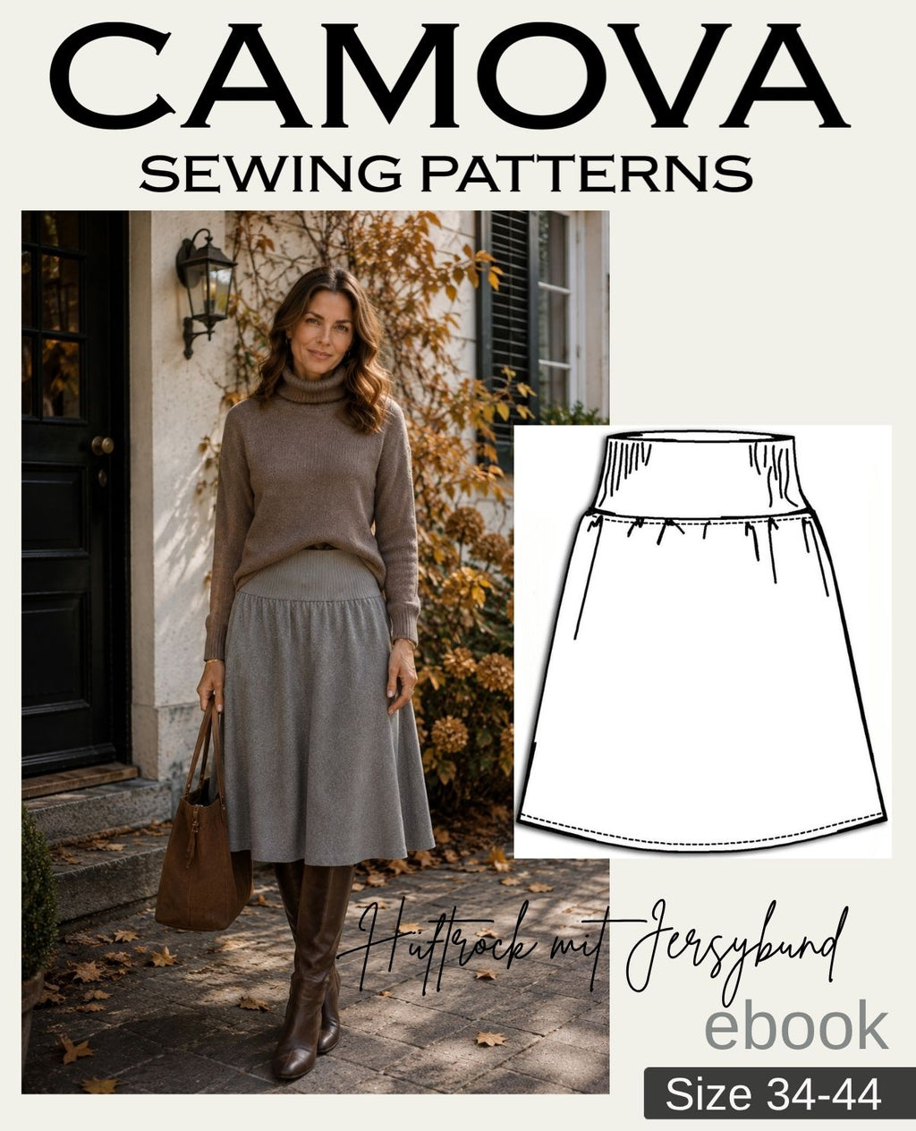 Pattern Skirt with Wide Ribbed Waistband | Sizes 34–44 | PDF