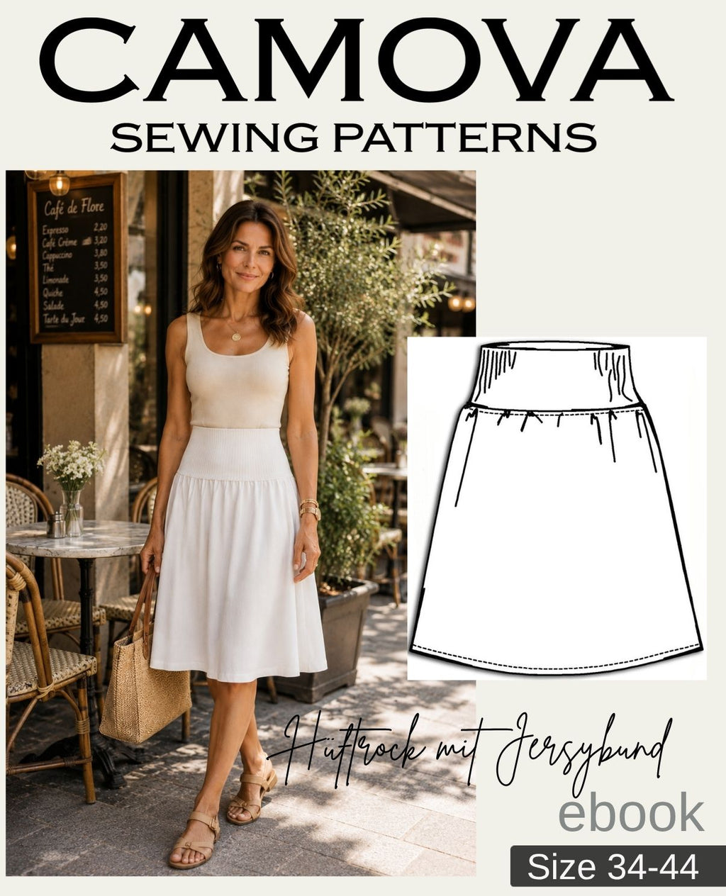 Pattern Skirt with Wide Ribbed Waistband | Sizes 34–44 | PDF