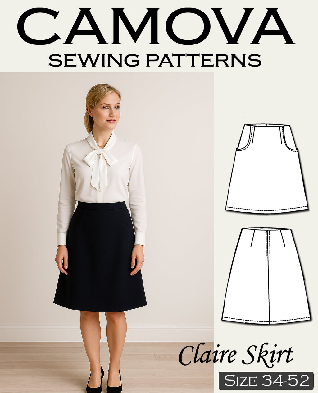 Claire Skirt Sewing Pattern | A-line PDF with Pockets, Lining & Zipper | Sizes 34–52