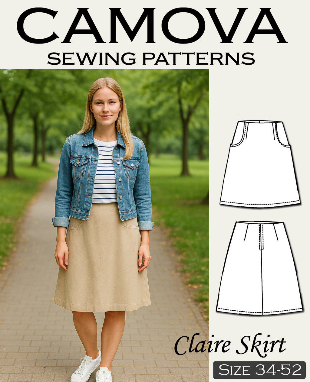 Claire Skirt Sewing Pattern | A-line PDF with Pockets, Lining & Zipper | Sizes 34–52