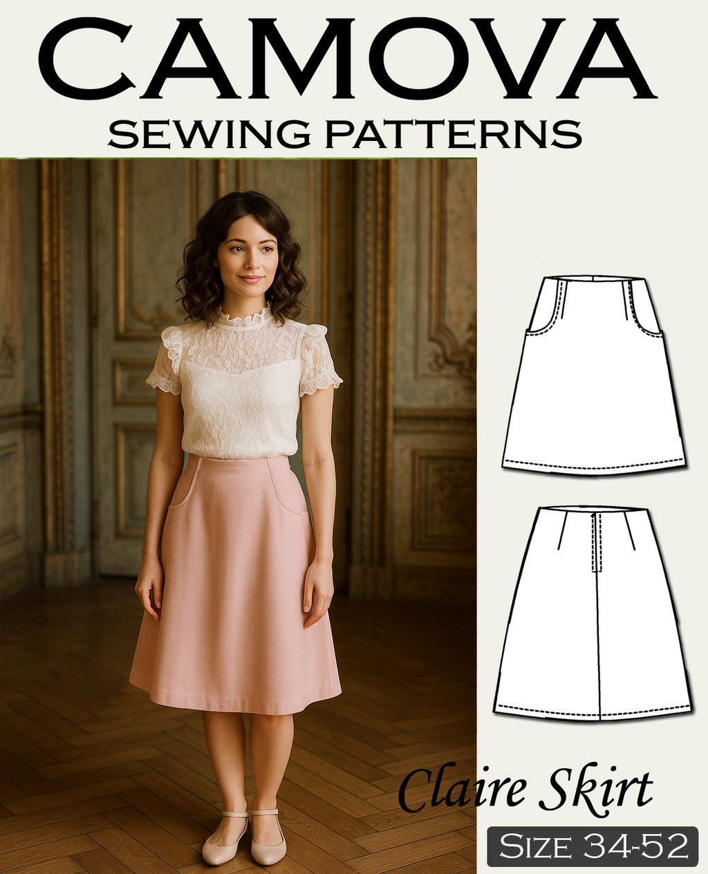 Claire Skirt Sewing Pattern | A-line PDF with Pockets, Lining & Zipper | Sizes 34–52