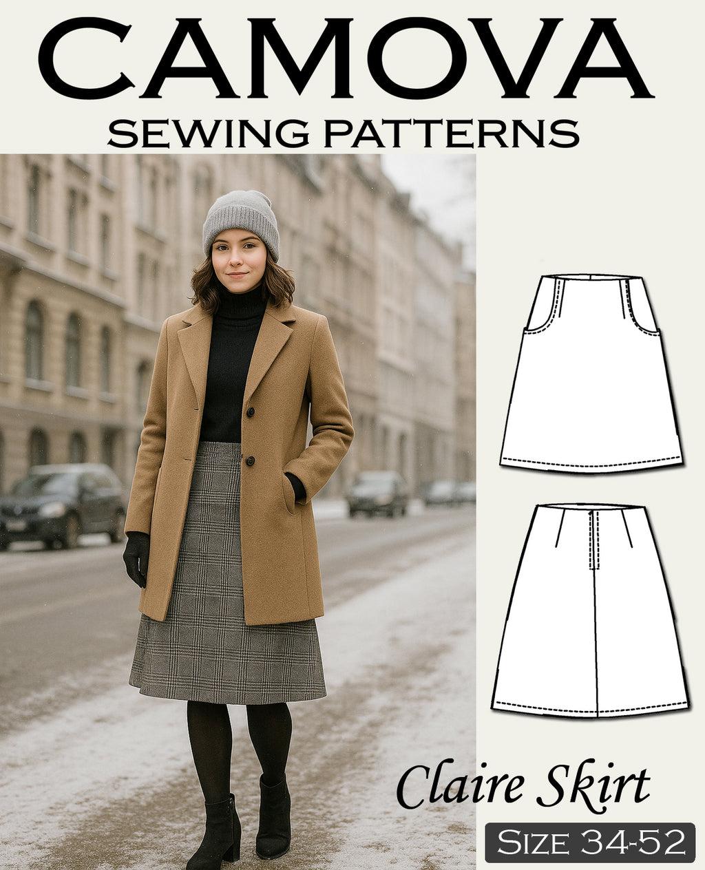 Claire Skirt Sewing Pattern | A-line PDF with Pockets, Lining & Zipper | Sizes 34–52