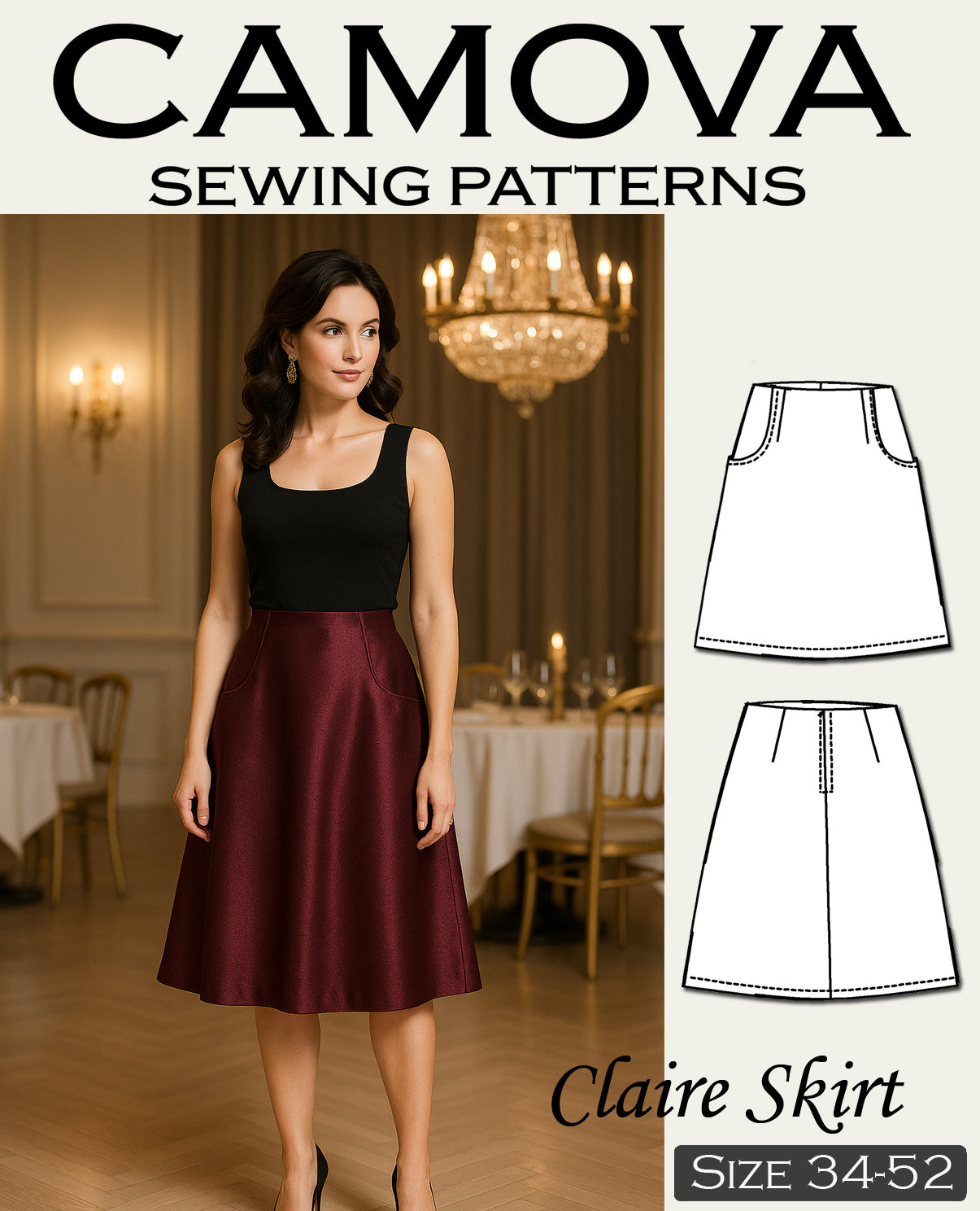 Claire Skirt Sewing Pattern | A-line PDF with Pockets, Lining & Zipper | Sizes 34–52