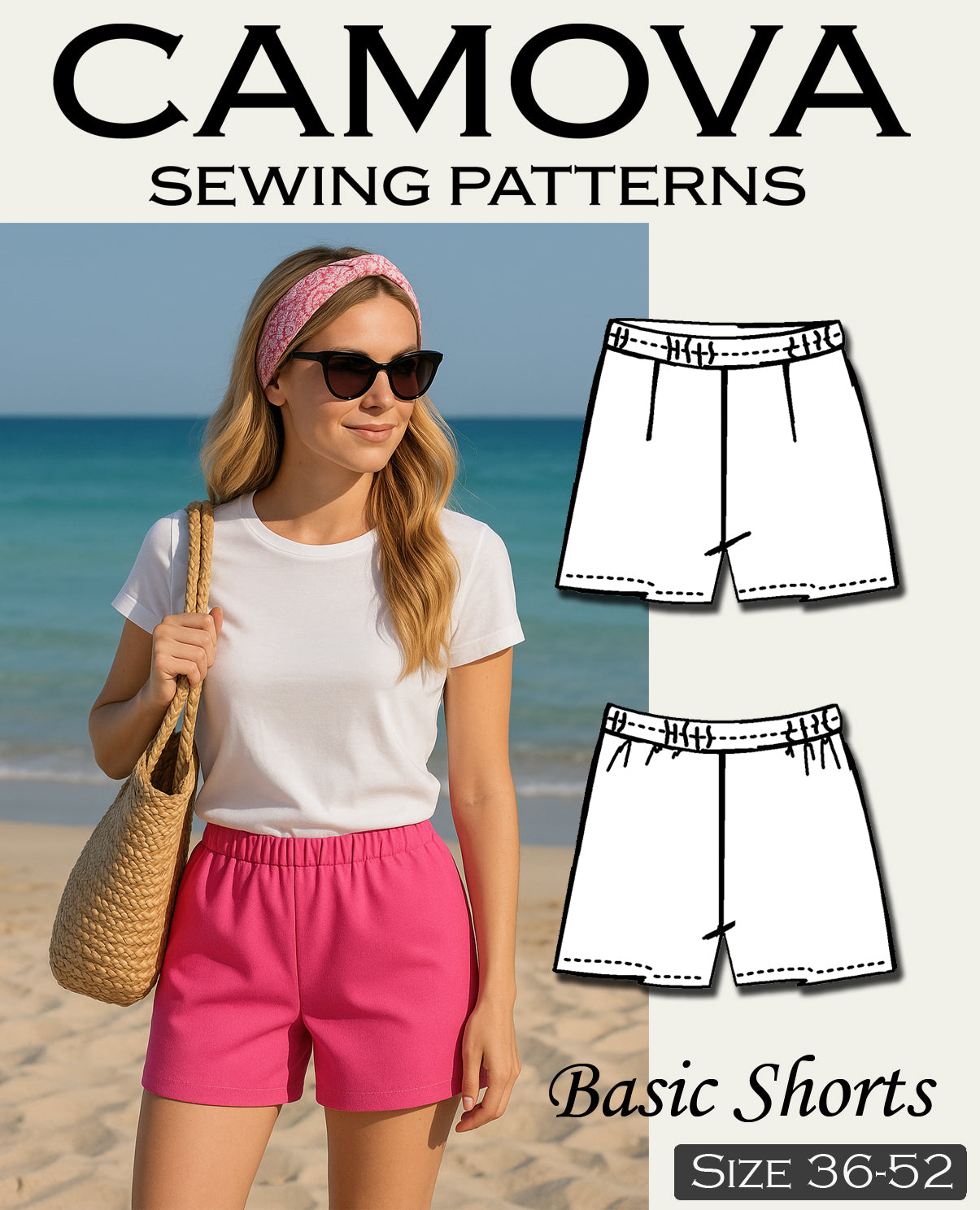 Schnittmuster Shorts Damen PDF – zum Selbstausdrucken in A4 – elastische Hose mit Gummibund nähen – für Anfänger*innen – Größe 34 bis 52.