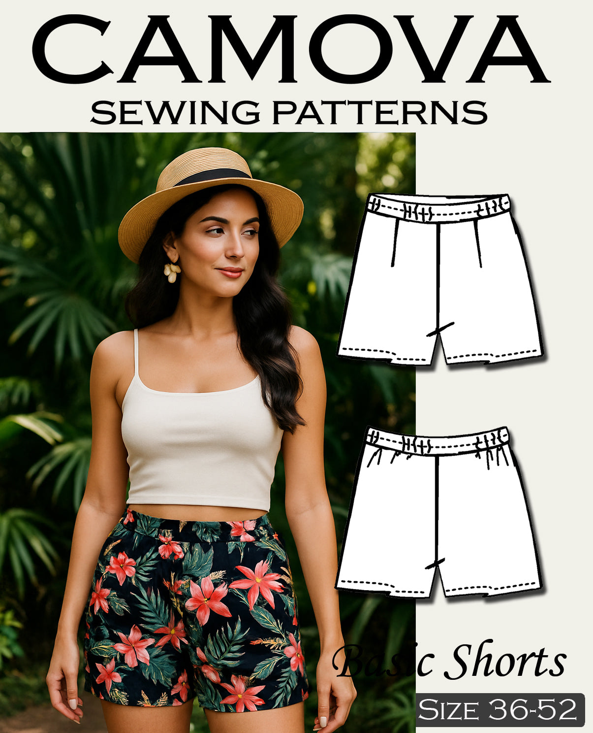 Schnittmuster Shorts Damen PDF – zum Selbstausdrucken in A4 – elastische Hose mit Gummibund nähen – für Anfänger*innen – Größe 34 bis 52.