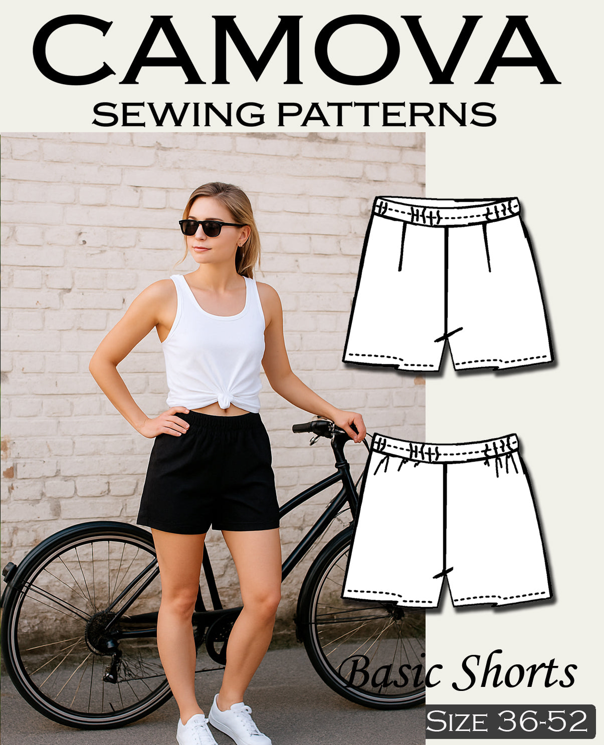 Schnittmuster Shorts Damen PDF – zum Selbstausdrucken in A4 – elastische Hose mit Gummibund nähen – für Anfänger*innen – Größe 34 bis 52.