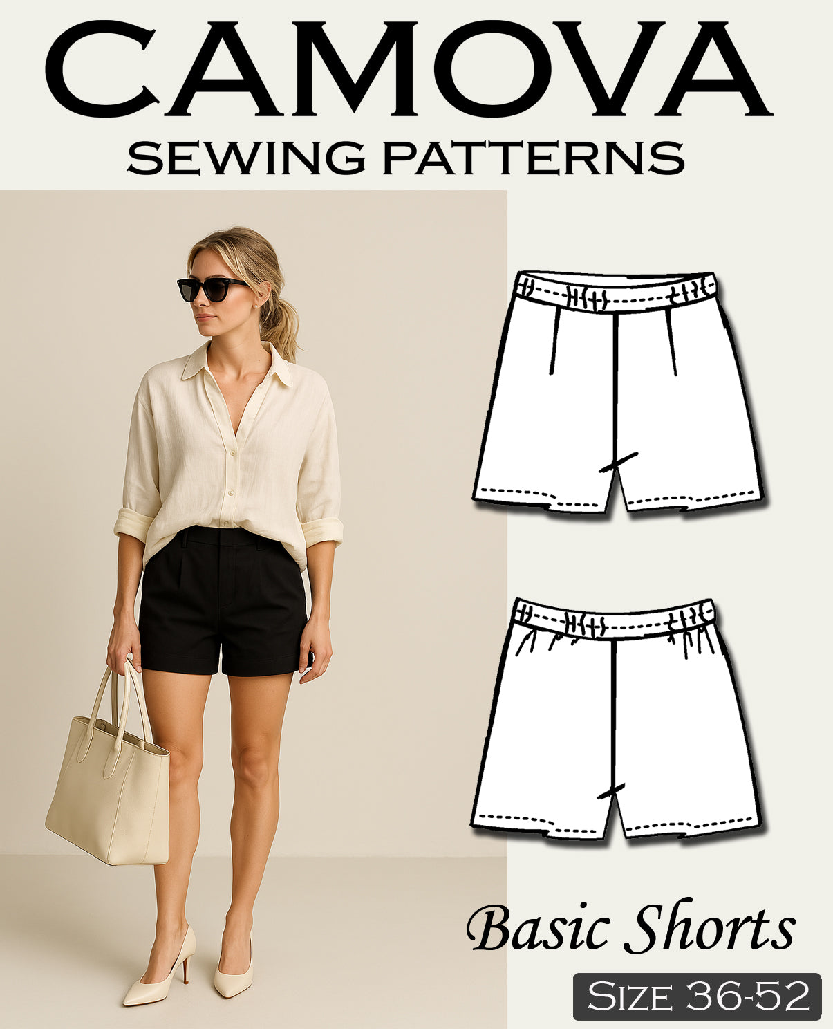 Schnittmuster Shorts Damen PDF – zum Selbstausdrucken in A4 – elastische Hose mit Gummibund nähen – für Anfänger*innen – Größe 34 bis 52.