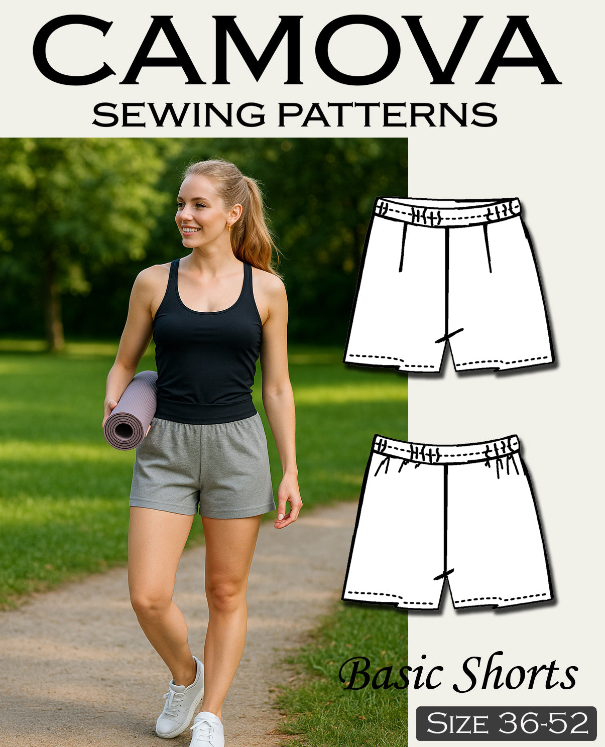 Schnittmuster Shorts Damen PDF – zum Selbstausdrucken in A4 – elastische Hose mit Gummibund nähen – für Anfänger*innen – Größe 34 bis 52.