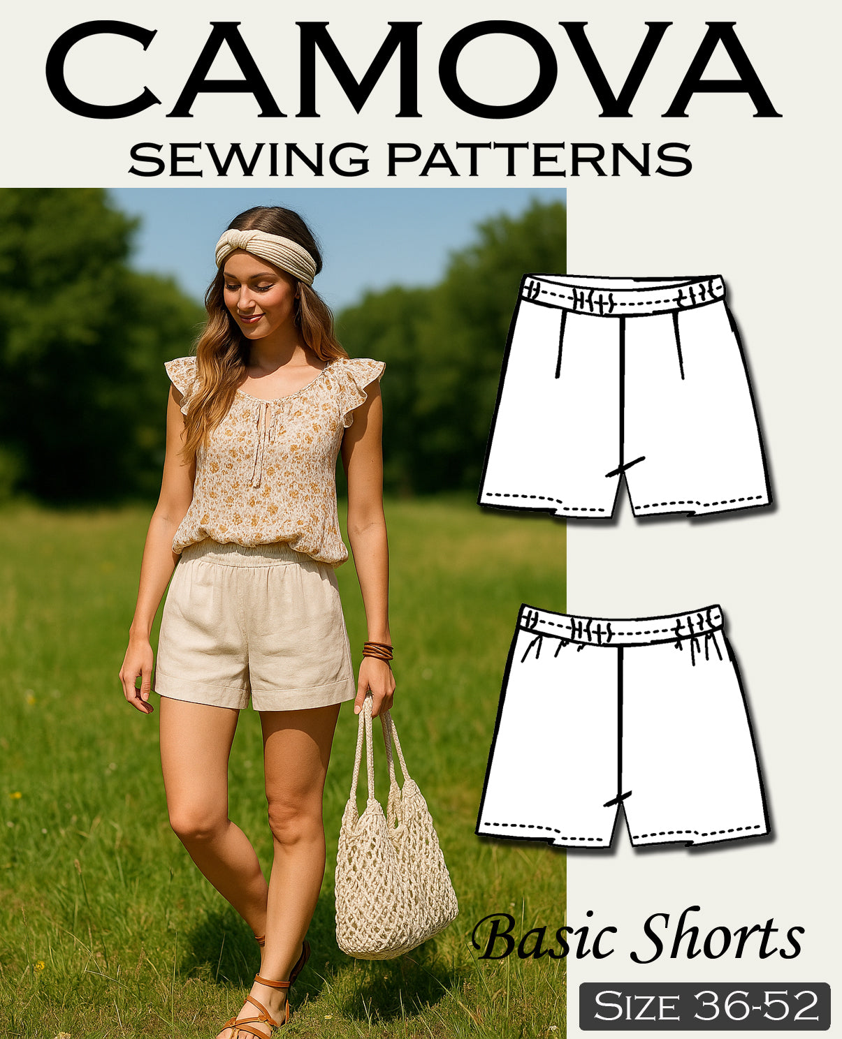 Schnittmuster Shorts Damen PDF – zum Selbstausdrucken in A4 – elastische Hose mit Gummibund nähen – für Anfänger*innen – Größe 34 bis 52.