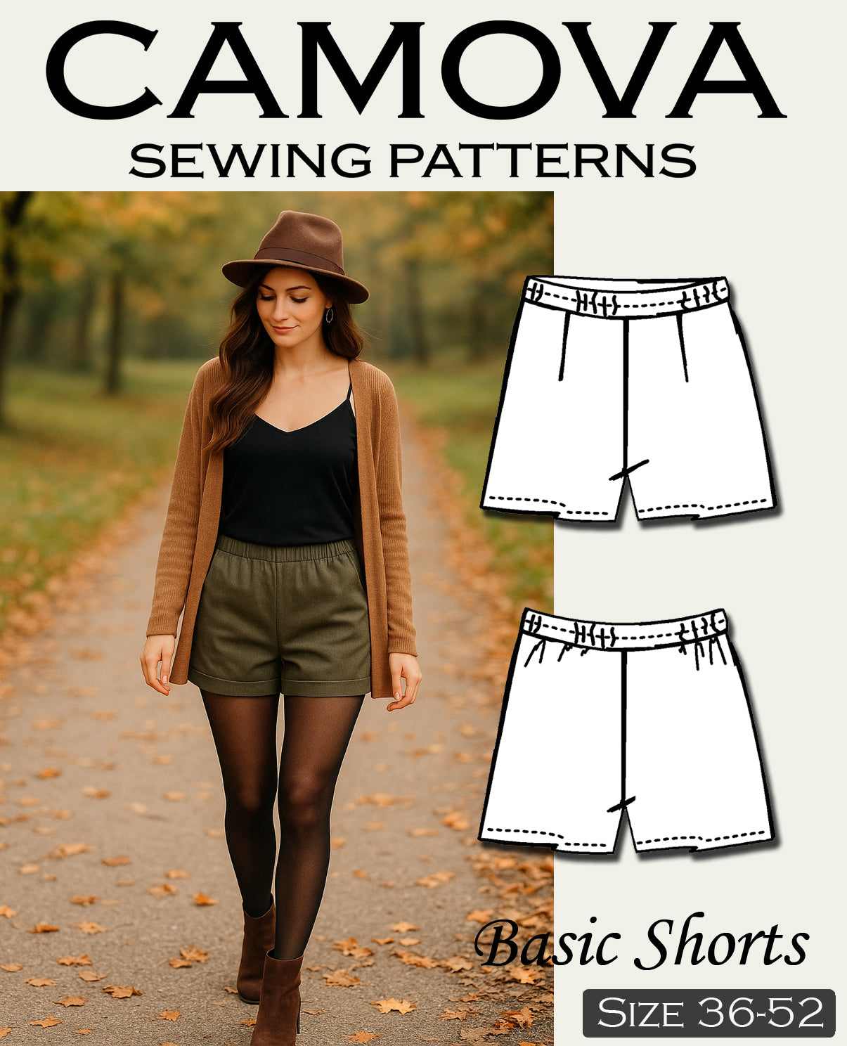 Schnittmuster Shorts Damen PDF – zum Selbstausdrucken in A4 – elastische Hose mit Gummibund nähen – für Anfänger*innen – Größe 34 bis 52.