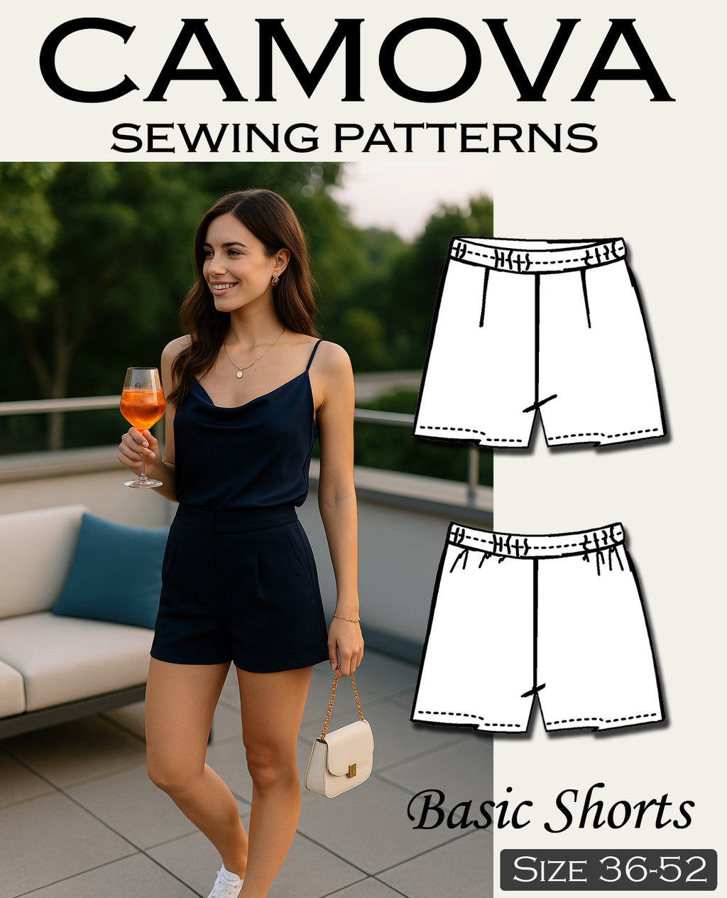 Schnittmuster Shorts Damen PDF – zum Selbstausdrucken in A4 – elastische Hose mit Gummibund nähen – für Anfänger*innen – Größe 34 bis 52.