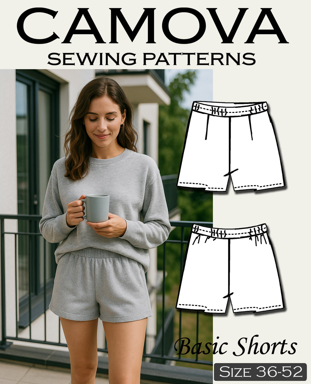 Schnittmuster Shorts Damen PDF – zum Selbstausdrucken in A4 – elastische Hose mit Gummibund nähen – für Anfänger*innen – Größe 34 bis 52.